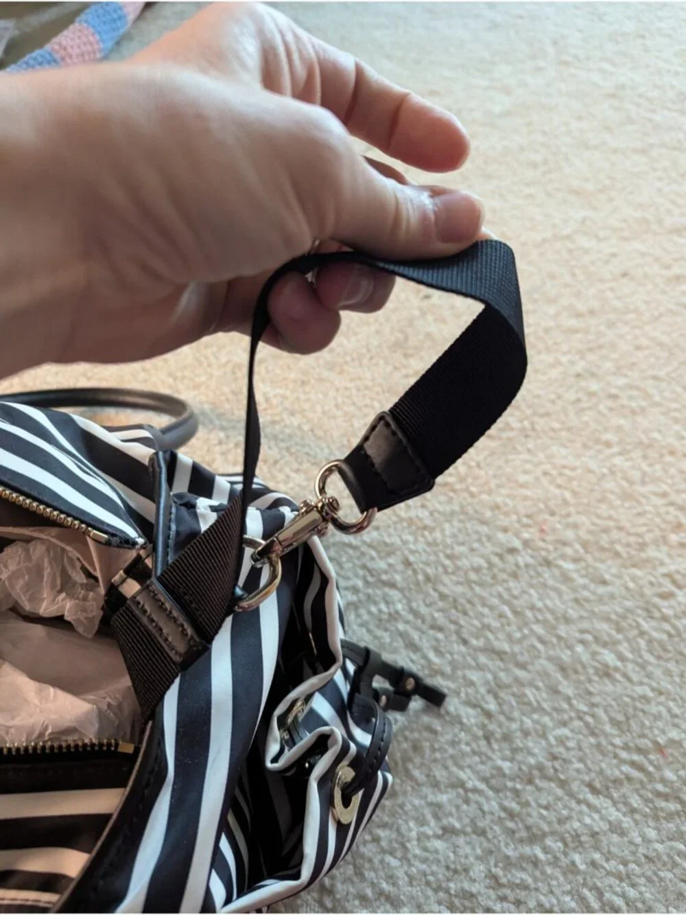 KATE SPADE STEVIE Luxury Large Black & White Striped Nylon Diaper Bag Travel